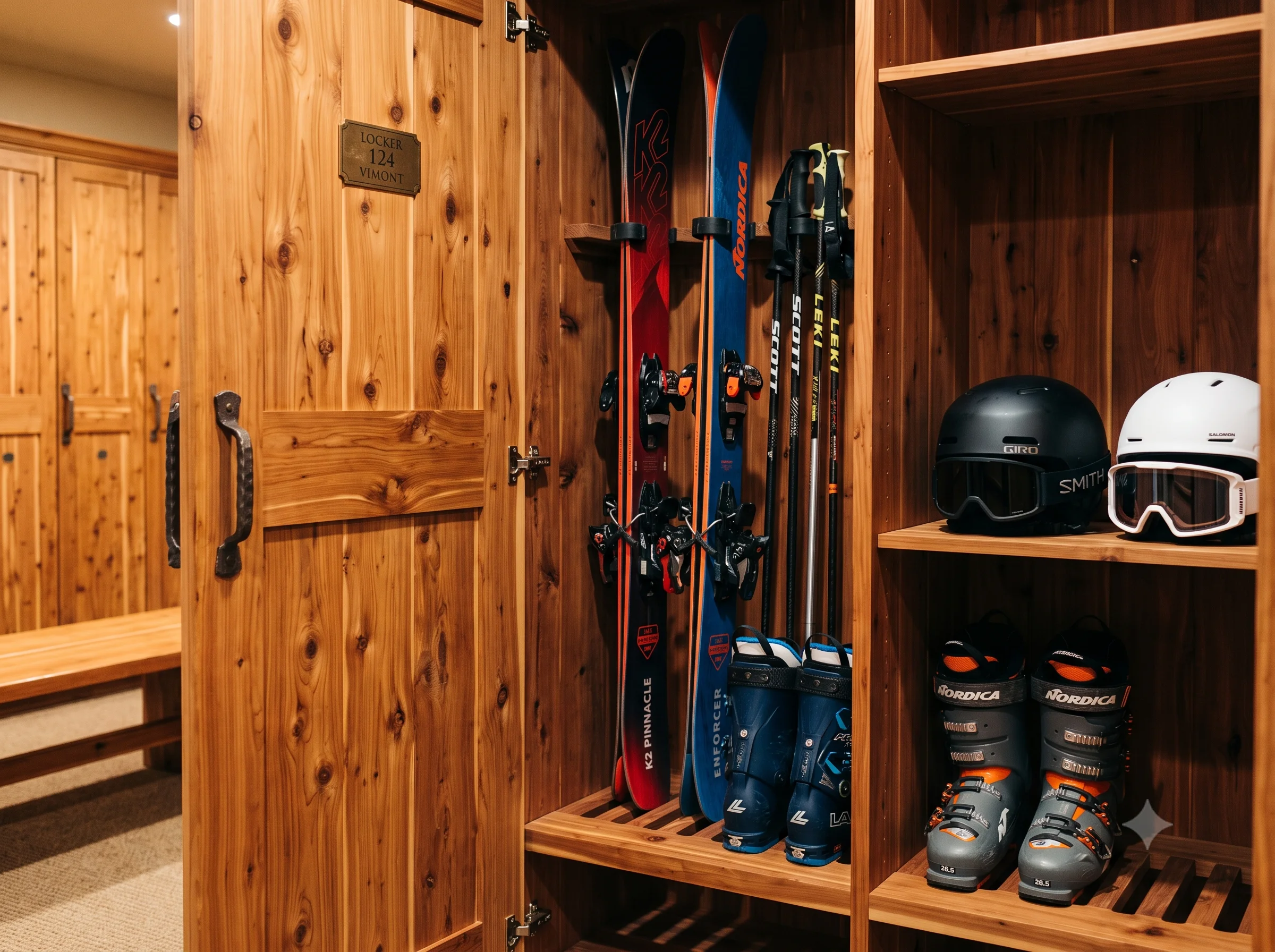 Open ski locker showing skis, boots, poles and helmets neatly stored inside