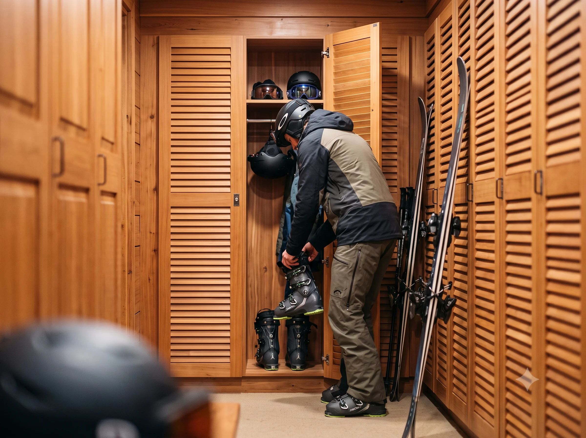 Skier storing boots in a cedar wood locker at the lodge